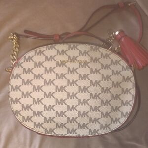 Michael Kors Canvas MK Logo Crossbody Bag in Vanilla and Red